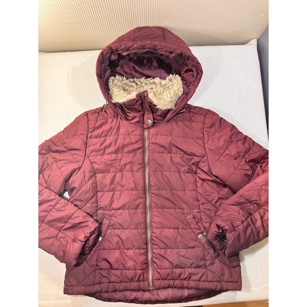 Aeropostale Burgundy Quilted Puffer Jacket Hooded Faux‎ Fur Trim Women's Size L